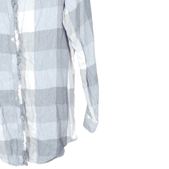 Aerie Grey White Colorblock Plaid Flannel Top Small | Button Front, Ruffle Trim - Picture 6 of 12